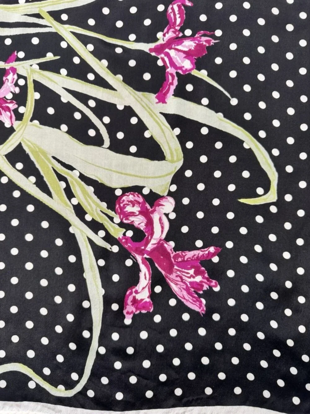 Vintage SILK Scarf, Black & White Polka Dots with Pink Florals 28.5